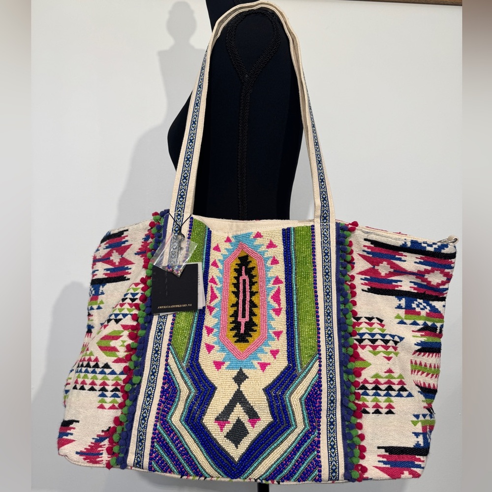 America & Beyond Hand Beaded Boho Tote Bag NWT Tribal Pom Pom Large Weekender - Picture 4 of 16